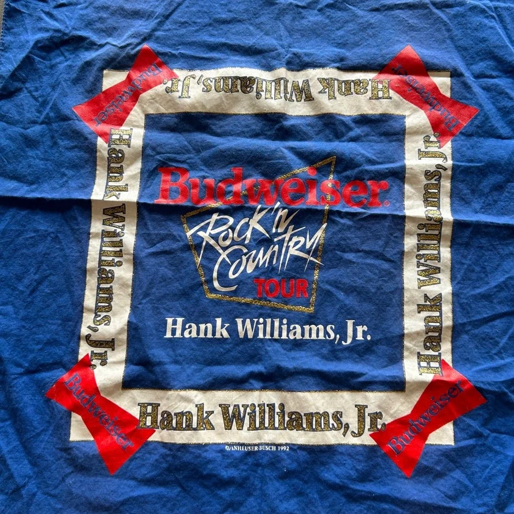 Vintage 90s Hank Williams Jr Budweiser Bandana Adult 19.5x20.5 Blue 1992 Tour